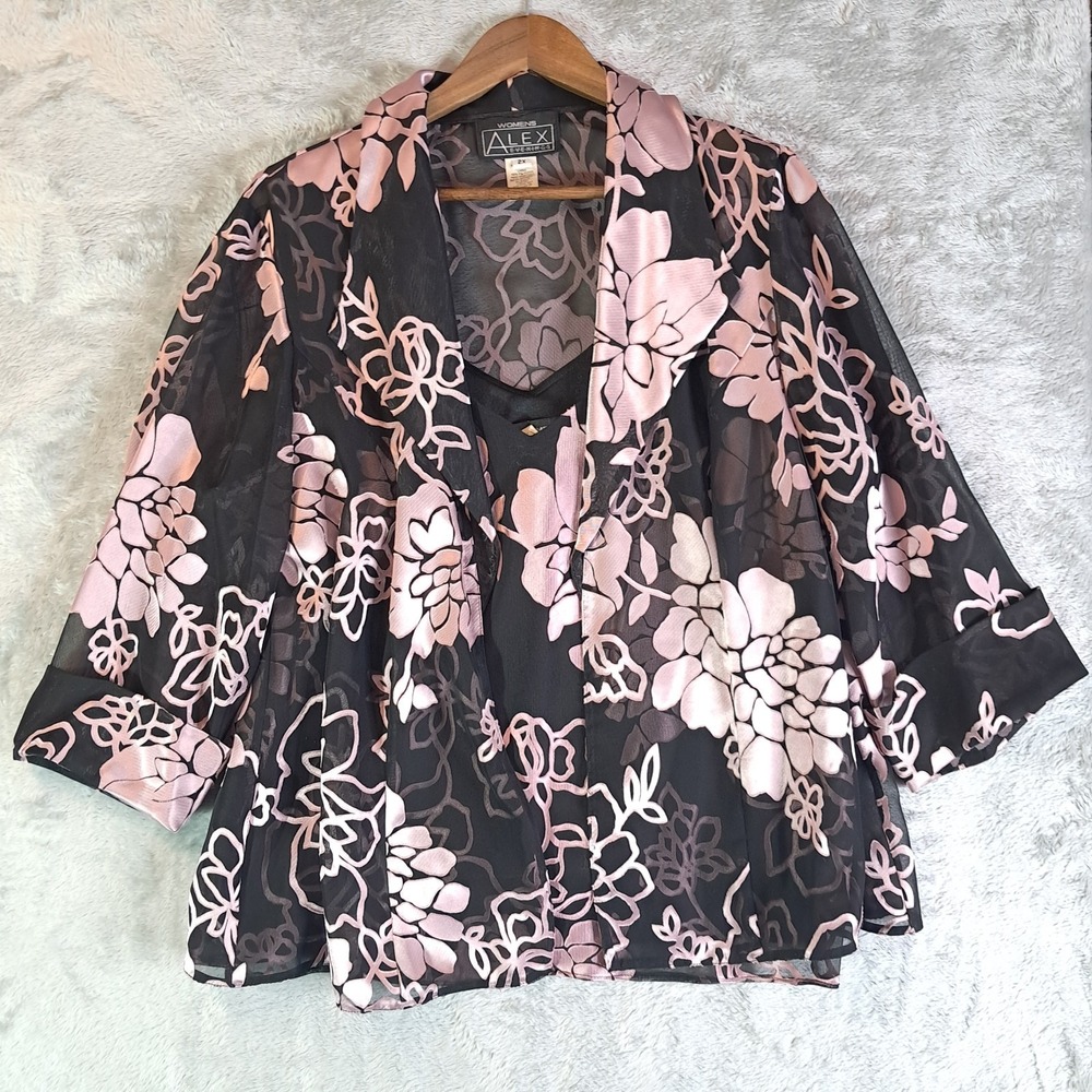 Alex Evenings Womens Floral Sheer Jacket and Tank Set Plus Size 2X Black Pink